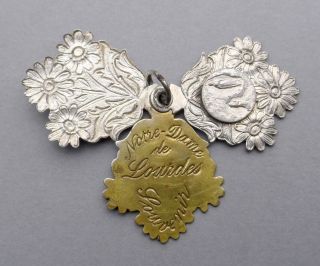 French Antique Religious Pendant.  Saint Virgin Mary.  Lourdes Medal.  Flowers
