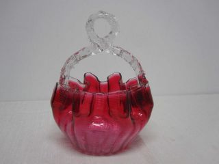 Antique Victorian Cranberry Glass 5 " Brides Basket Bowl With Loop Thorn Handle