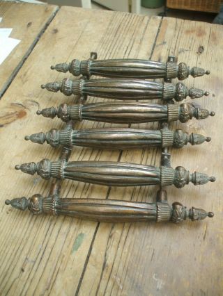 Set Of 6 Antique Brass Drawer Handles Ribbed And Ornate Salvaged With Rd.  No.