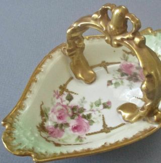 Antique Limoges Porcelain Basket W Crown Handle Pink Roses,  Delicate Gilt Paste