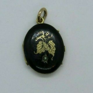 Antique Victorian Black Enamel Mourning Locket Pendant Gold Detail W/ Photo 3/4 "