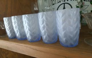 Art Deco French Lt Blue Frosted Glass Blown Out Wheat Leaf Juice Glasses (5)