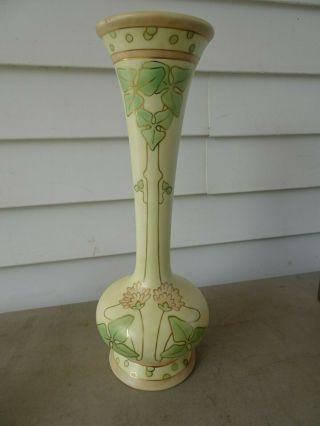 Antique Royal Dux Austria Art Nouveau Vase 3 Leaf Pattern,  Pink Flowers,  13 "