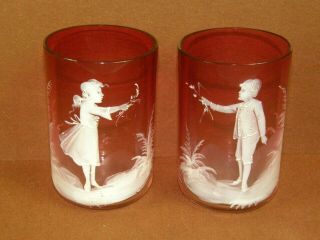 Antique Mary Gregory Art Victorian Glass Clear To Cranberry 2 Cup Tumbler Set