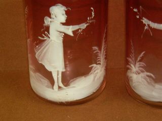Antique MARY GREGORY ART VICTORIAN GLASS Clear to CRANBERRY 2 Cup Tumbler Set 3