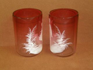 Antique MARY GREGORY ART VICTORIAN GLASS Clear to CRANBERRY 2 Cup Tumbler Set 4