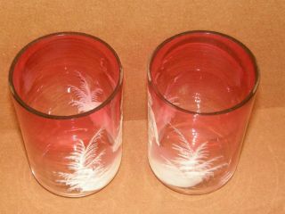 Antique MARY GREGORY ART VICTORIAN GLASS Clear to CRANBERRY 2 Cup Tumbler Set 5