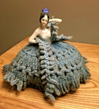 Antique Porcelain Bisque Lovely Half Doll With Heavy Crochet Skirt Pincushion