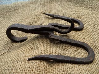Antique Wrought Iron Meat Hanging Fireplace Triple Hook Blacksmith Hand Forged