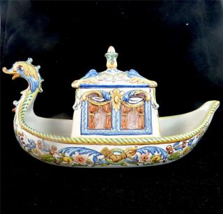 Antique French Faience Tin Glaze Pottery Model Ship & Cover