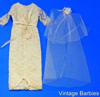 Barbie Doll Sized Wedding Gown & Veil W/ Hong Kong Tag Vintage 1960 