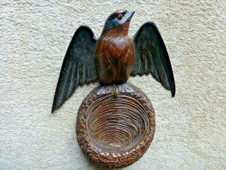 Antique Carved Black Forest Pocket Watch / Key Holder Stand Swallow Above Nest