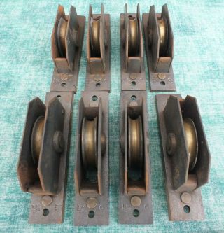 Set Of 8 X 1 & 3/4 Inch Antique Sash Window Brass Faced Pulleys
