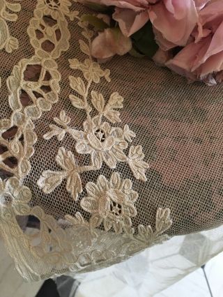 Lovely Antique French Tambour Lace Cotton Netting Curtain Remnant C698 2