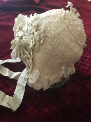 Cute Born Or Doll Antique Lace Bonnet Lined W.  Silk & Flower - Shaped Ribbons