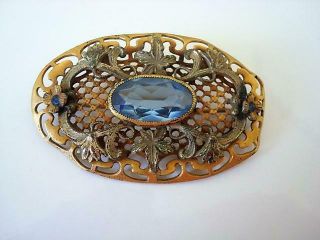 . Antique Victorian Art Nouveau Brass Blue Glass Sash Pin Brooch Vines Flowers 3