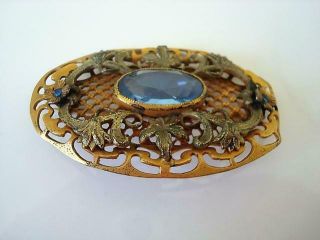 . Antique Victorian Art Nouveau Brass Blue Glass Sash Pin Brooch Vines Flowers 5