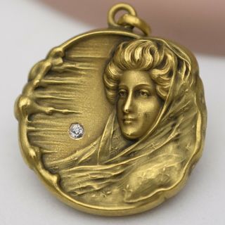 Vtg Antique Art Nouveau 10k Gold Repousse Diamond Lady Locket Pendant