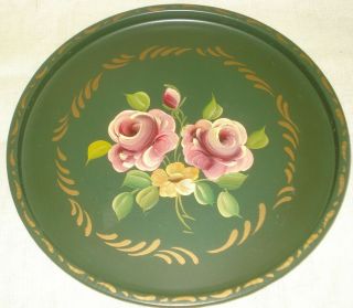 Vtg Metal Tole Tray Hand Painted Flowers Roses By E T Nash Co Ny Ny 10.  5 " Round