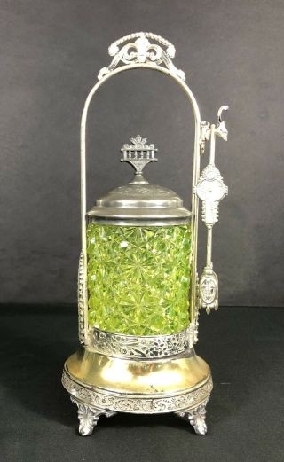 Antique Daisy And Button Vaseline/ Uranium Glass Pickle Castor