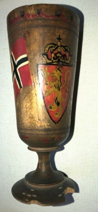 Antique Wood Small Cup Goblet Norway Flag & Coat Of Arms Hand - Painted Norwegian