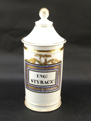 Antique French Porcelain Apothecary Jar Painted Label Ung:styrac:c: