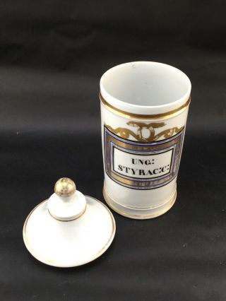 Antique French Porcelain Apothecary Jar Painted Label UNG:STYRAC:C: 3