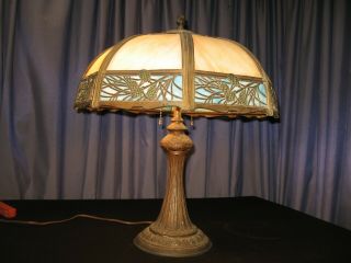 Antique Slag Glass 16 Panel Table Lamp 19 " Shade W Base Blue Caramel