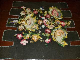 Antique Vintage Victorian Fabric Piece With Embroidered Applique Flowers Vines