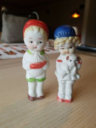 Vintage 3 " All Bisque Doll Figurines Boy With Sailboat Girl W/dog Made In Japan