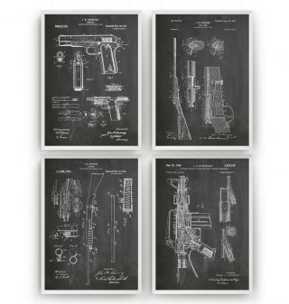Gun Patent Prints - Set Of 4 - Poster Wall Art Military Decor Gift - Unframed