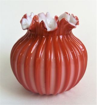 Antique Pink Victorian Cut Velvet Ribbed Ruffled Cased Art Glass Vase Rose Bowl