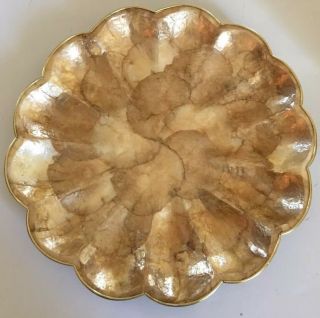 Antique Capiz Shell Floral Scalloped Bowl Dish Plate Gold Rim Pearlescent 10.  25”