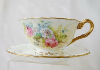 Cauldon England Hand Painted Roses & Tooled Gilt Tea Cup & Saucer C 1905 - 1920 7