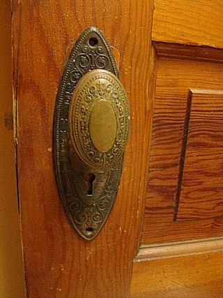 Antique Stunning Brass Art Nouveau Door Knob Set Lock Brass Back Plates