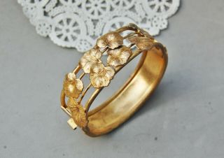 Ivy Leaf Gilt Gold Over Brass Hinged Cuff Bracelet 3/4 " Wide Antique Art Nouveau