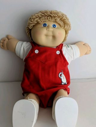Vintage 1985 Cabbage Patch Kids Doll Blonde Boy Doll With Red Overall Shorts
