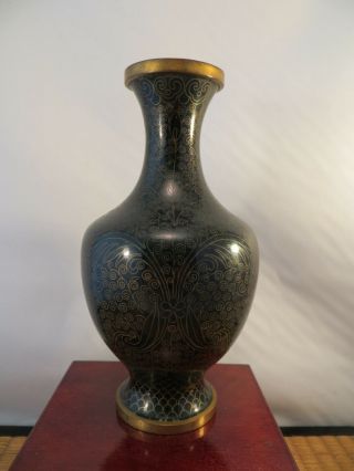 Antique Chinese Black Cloisonne Enamel Metal Bottle Vase Flowers China 6.  5 "