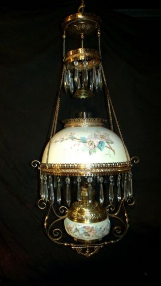 ANTIQUE B & H HANGING OIL LAMP (MATCHING SHADE AND FONT HOLDER) 2