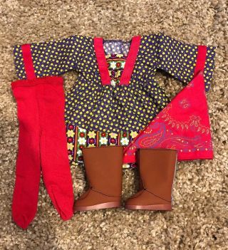 Retired Julie American Girl Calico Dress Boots Tights Bandana Doll Outfit