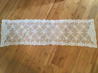 Antique Tambour Lace Table Runner Floral Motif Scalloped Edge Ecru In Color