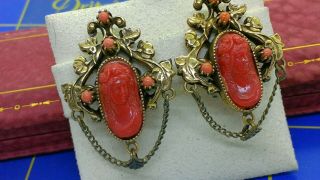 Antique Renaissance Revival Faux Coral Celluloid Cameo Clip Earrings - Huge