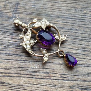 Fine Art Nouveau Gold Antique Edwardian Purple Gem & Seed Pearl Pendant Brooch