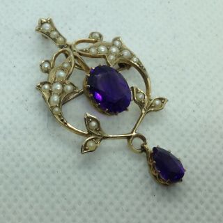 Fine Art Nouveau Gold Antique Edwardian Purple Gem & Seed Pearl Pendant Brooch 2