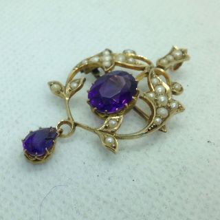 Fine Art Nouveau Gold Antique Edwardian Purple Gem & Seed Pearl Pendant Brooch 3