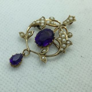 Fine Art Nouveau Gold Antique Edwardian Purple Gem & Seed Pearl Pendant Brooch 4