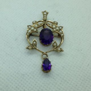 Fine Art Nouveau Gold Antique Edwardian Purple Gem & Seed Pearl Pendant Brooch 5