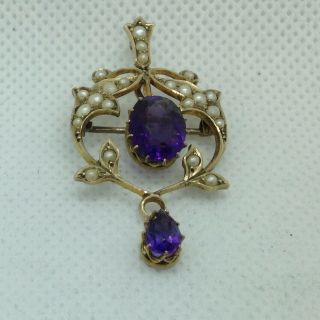 Fine Art Nouveau Gold Antique Edwardian Purple Gem & Seed Pearl Pendant Brooch 6