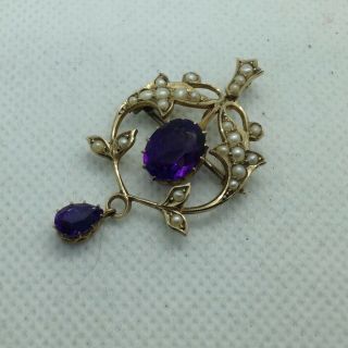 Fine Art Nouveau Gold Antique Edwardian Purple Gem & Seed Pearl Pendant Brooch 7
