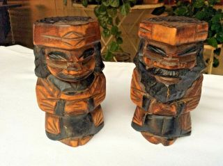 Vintage Hand Carved Wood King And Queen Square Sided Statues Japan